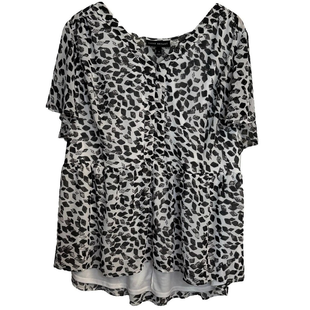 Lane Bryant Blouse Top Baby Doll Size 18 Black White Leopard S/S Hi-Low Hem Y2K